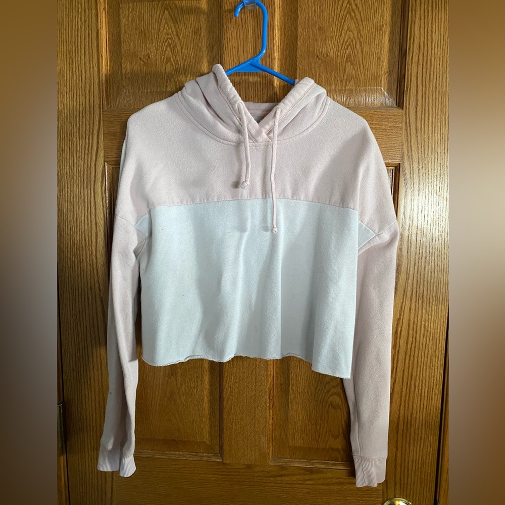 Pink and White Hollister Cropped Hoodie